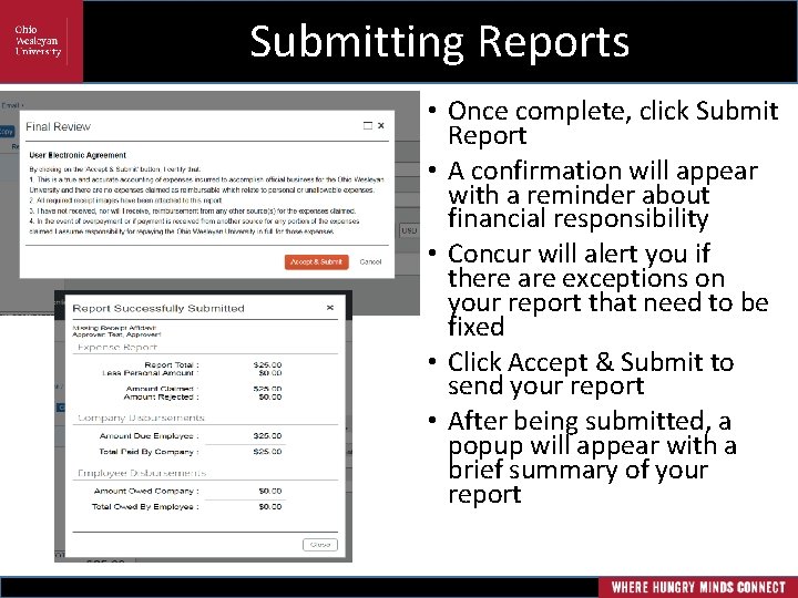 Submitting Reports • Once complete, click Submit Report • A confirmation will appear with