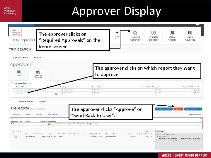 Approver Display The approver clicks on “Required Approvals” on the home screen. The approver