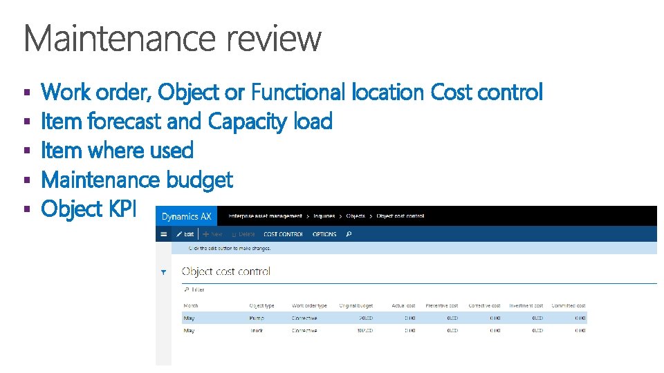 § § § Work order, Object or Functional location Cost control Item forecast and