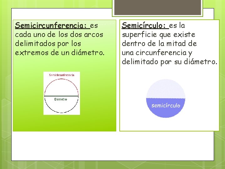 Semicircunferencia: es cada uno de los dos arcos delimitados por los extremos de un Semicircunferencia: es cada uno de los dos arcos delimitados por los extremos de un