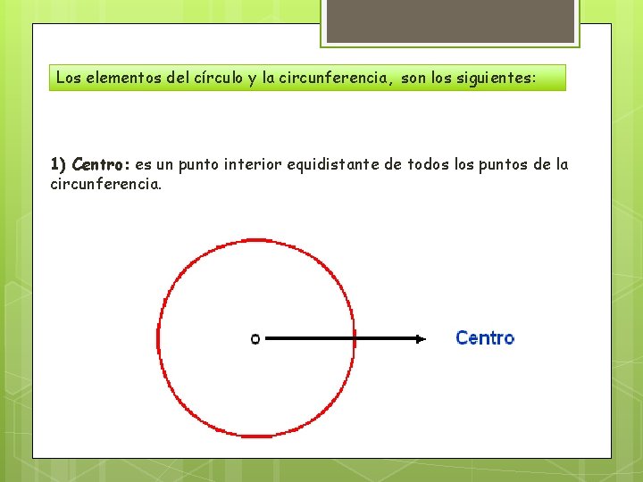 Los elementos del círculo y la circunferencia, son los siguientes: 1) Centro: es un Los elementos del círculo y la circunferencia, son los siguientes: 1) Centro: es un