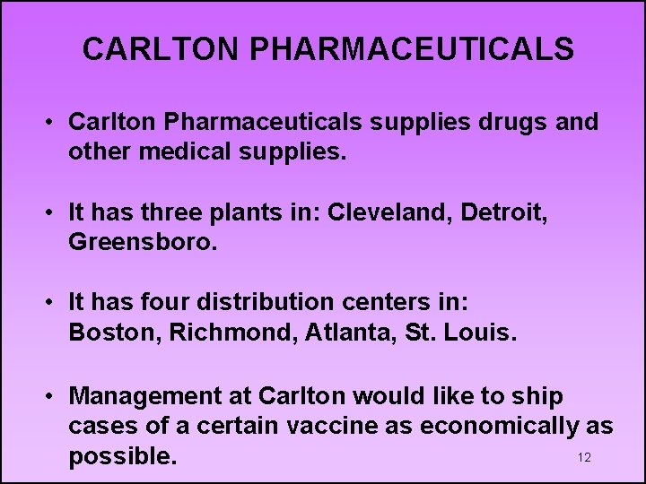 CARLTON PHARMACEUTICALS • Carlton Pharmaceuticals supplies drugs and other medical supplies. • It has