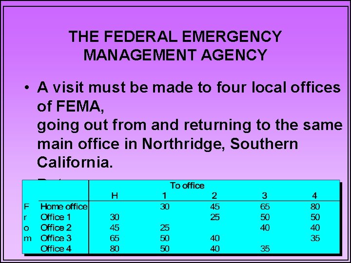 THE FEDERAL EMERGENCY MANAGEMENT AGENCY • A visit must be made to four local