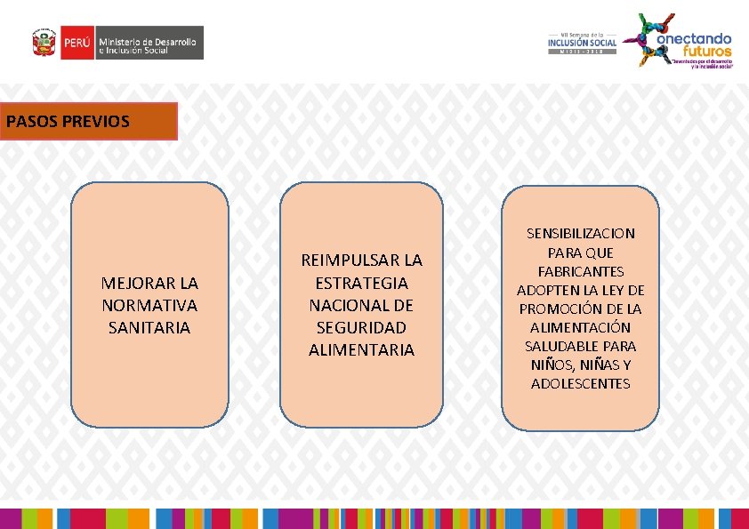 PASOS PREVIOS MEJORAR LA NORMATIVA SANITARIA REIMPULSAR LA ESTRATEGIA NACIONAL DE SEGURIDAD ALIMENTARIA SENSIBILIZACION