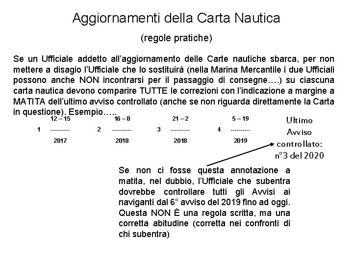 Aggiornamenti della Carta Nautica (regole pratiche) Se un Ufficiale addetto all’aggiornamento delle Carte nautiche