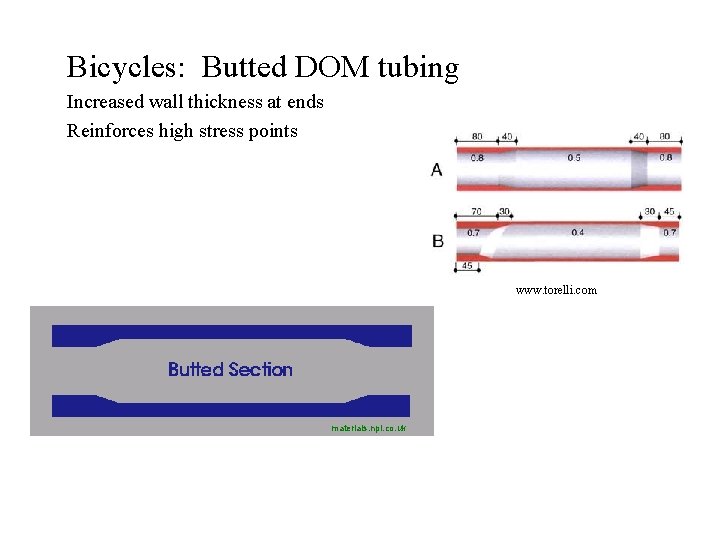 Bicycles: Butted DOM tubing Increased wall thickness at ends Reinforces high stress points www.