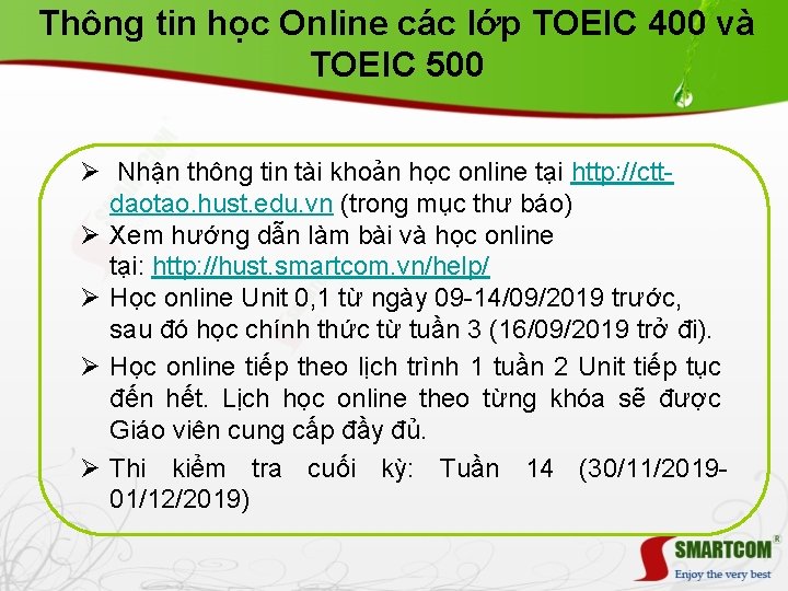 Thông tin học Online các lớp TOEIC 400 và TOEIC 500 Ø Nhận thông