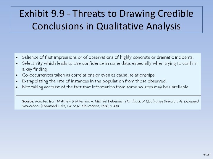 Exhibit 9. 9 - Threats to Drawing Credible Conclusions in Qualitative Analysis 9 -15