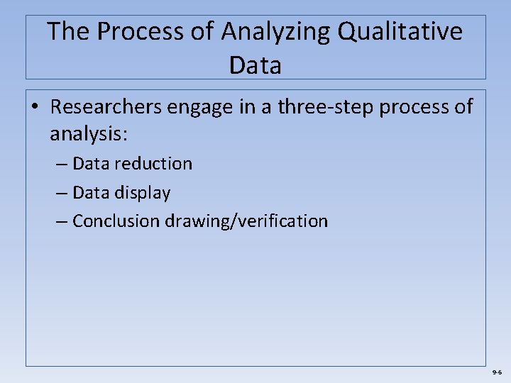 The Process of Analyzing Qualitative Data • Researchers engage in a three-step process of