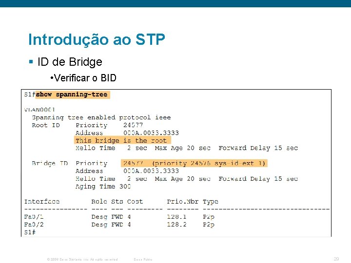 Introdução ao STP § ID de Bridge • Verificar o BID © 2006 Cisco