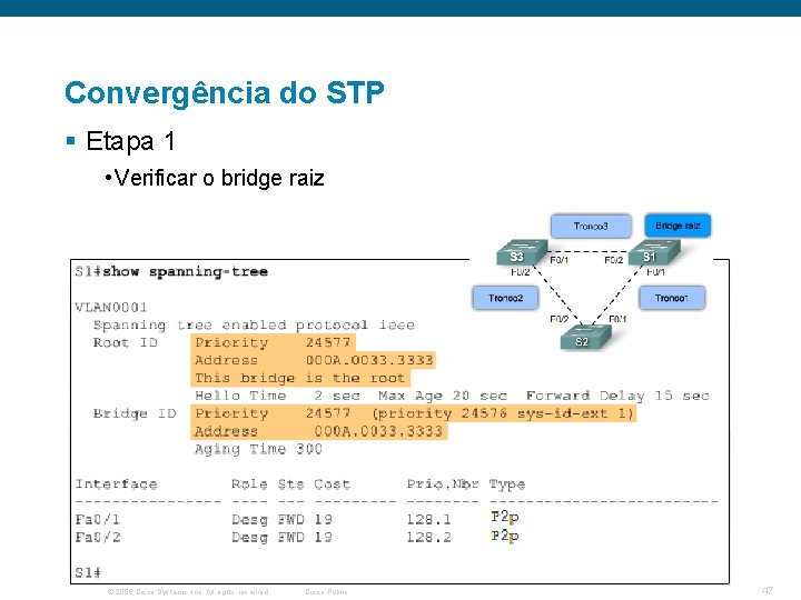 Convergência do STP § Etapa 1 • Verificar o bridge raiz © 2006 Cisco