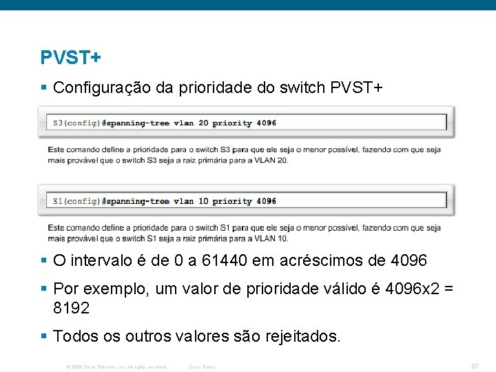 PVST+ § Configuração da prioridade do switch PVST+ § O intervalo é de 0