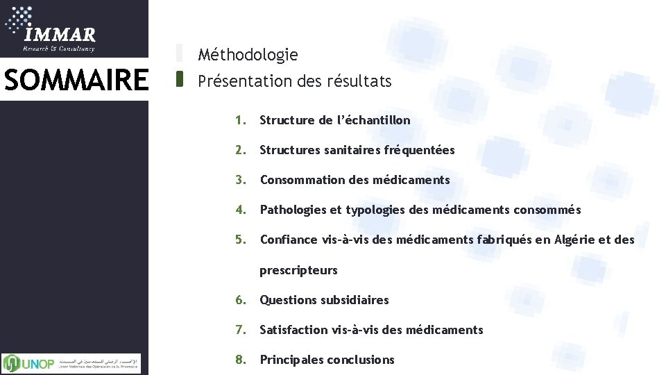 SOMMAIRE Méthodologie Présentation des résultats 1. Structure de l’échantillon 2. Structures sanitaires fréquentées 3.