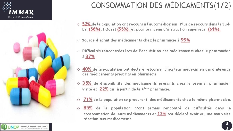 CONSOMMATION DES MÉDICAMENTS(1/2) o 52% de la population ont recours à l'automédication. Plus de