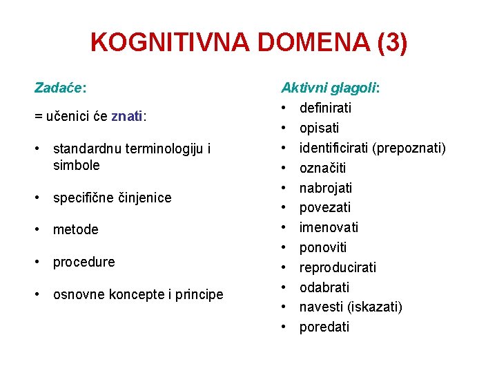 KOGNITIVNA DOMENA (3) Zadaće: = učenici će znati: • standardnu terminologiju i simbole •