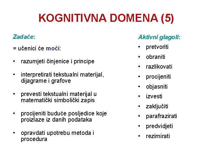 KOGNITIVNA DOMENA (5) Zadaće: Aktivni glagoli: = učenici će moći: • pretvoriti • razumjeti