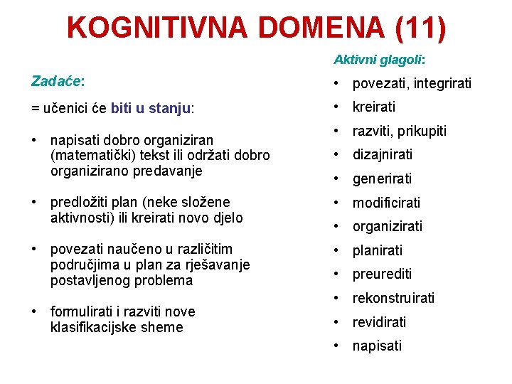 KOGNITIVNA DOMENA (11) Aktivni glagoli: Zadaće: • povezati, integrirati = učenici će biti u