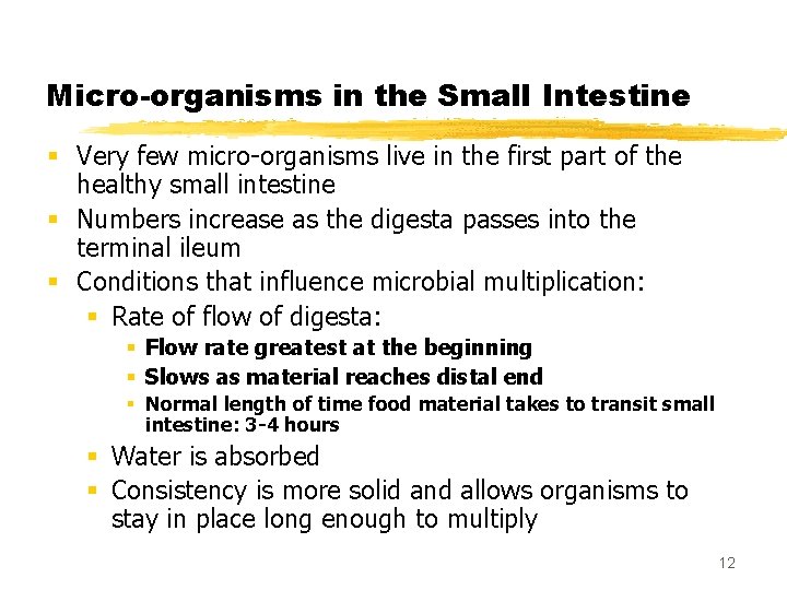 Micro-organisms in the Small Intestine § Very few micro-organisms live in the first part