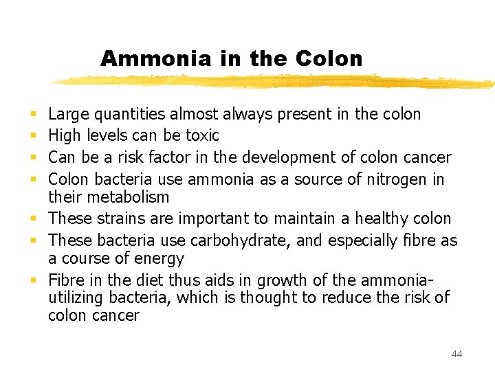 Ammonia in the Colon Large quantities almost always present in the colon High levels