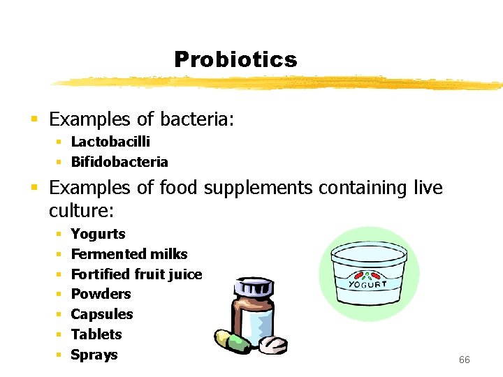 Probiotics § Examples of bacteria: § Lactobacilli § Bifidobacteria § Examples of food supplements