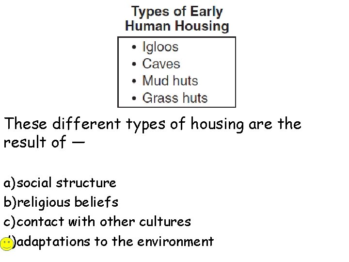 These different types of housing are the result of — a) social structure b)religious