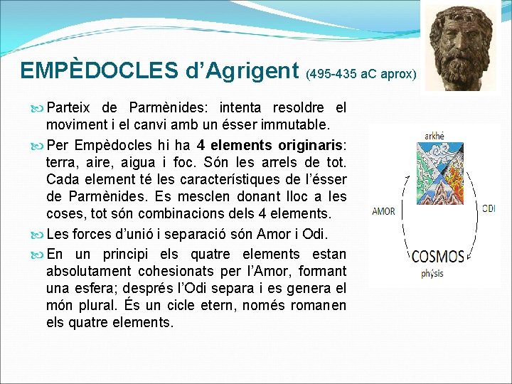 EMPÈDOCLES d’Agrigent (495 -435 a. C aprox) Parteix de Parmènides: intenta resoldre el moviment
