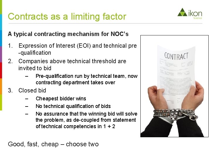 Contracts as a limiting factor A typical contracting mechanism for NOC’s 1. Expression of