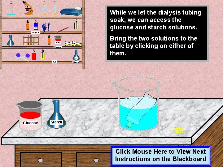 While we let the dialysis tubing soak, we can access the glucose and starch While we let the dialysis tubing soak, we can access the glucose and starch