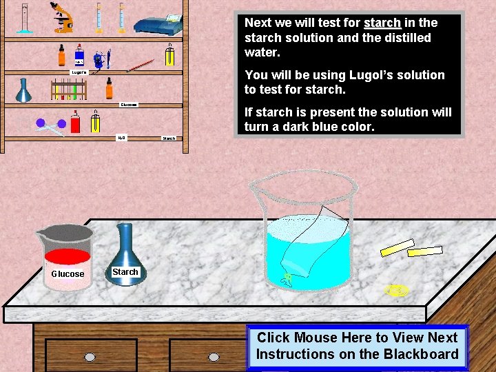 Next we will test for starch in the starch solution and the distilled water. Next we will test for starch in the starch solution and the distilled water.