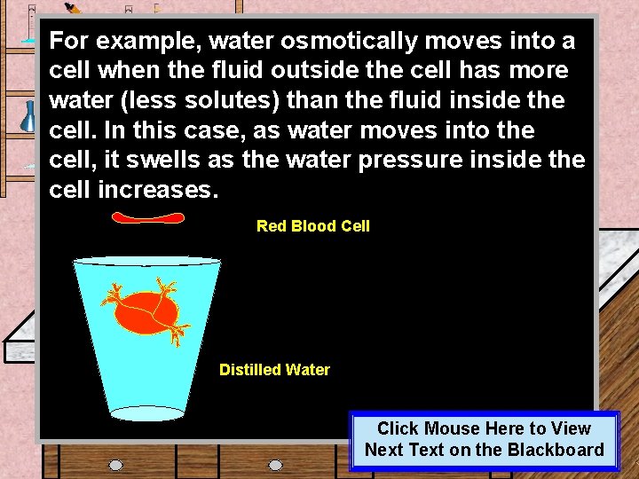 For example, water osmotically moves into a cell when the fluid outside the cell For example, water osmotically moves into a cell when the fluid outside the cell