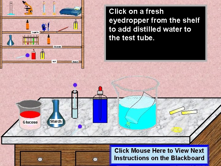 Click on a fresh eyedropper from the shelf to add distilled water to the Click on a fresh eyedropper from the shelf to add distilled water to the