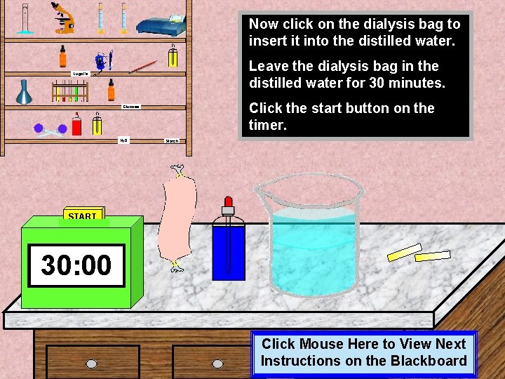 Now click on the dialysis bag to insert it into the distilled water. Leave Now click on the dialysis bag to insert it into the distilled water. Leave