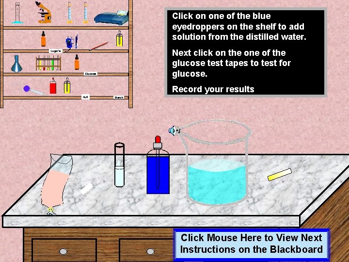 Click on one of the blue eyedroppers on the shelf to add solution from Click on one of the blue eyedroppers on the shelf to add solution from