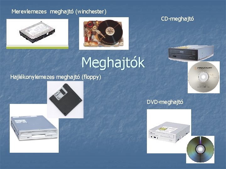 Merevlemezes meghajtó (winchester) CD-meghajtó Meghajtók Hajlékonylemezes meghajtó (floppy) DVD-meghajtó 