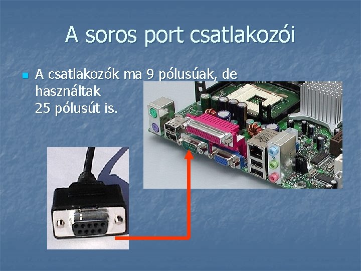 A soros port csatlakozói n A csatlakozók ma 9 pólusúak, de használtak 25 pólusút