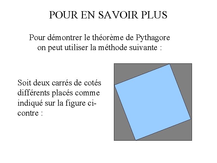 POUR EN SAVOIR PLUS Pour démontrer le théorème de Pythagore on peut utiliser la