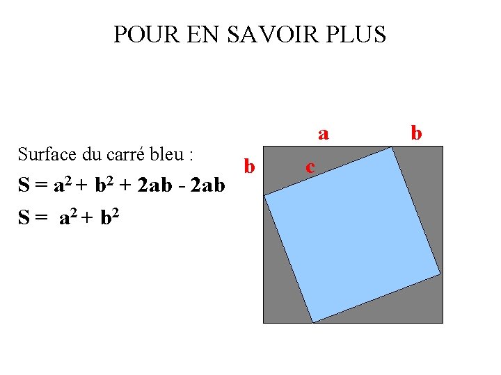 POUR EN SAVOIR PLUS Surface du carré bleu : S = a 2 +