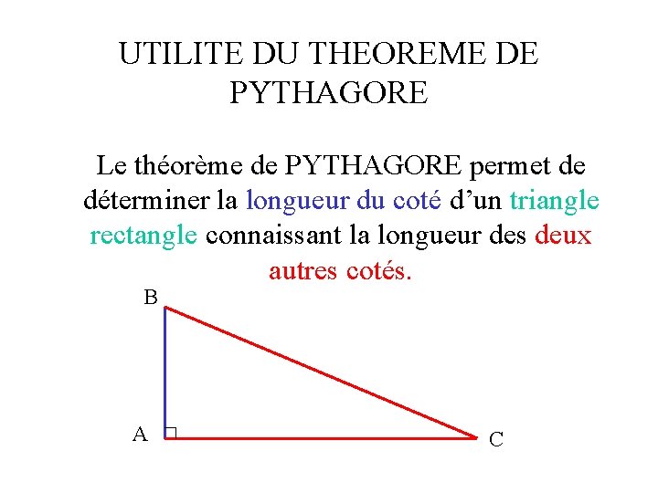 UTILITE DU THEOREME DE PYTHAGORE Le théorème de PYTHAGORE permet de déterminer la longueur