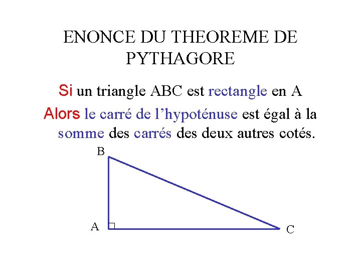 ENONCE DU THEOREME DE PYTHAGORE Si un triangle ABC est rectangle en A Alors