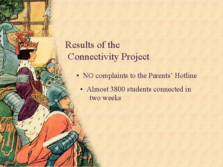 Results of the Connectivity Project • NO complaints to the Parents’ Hotline • Almost