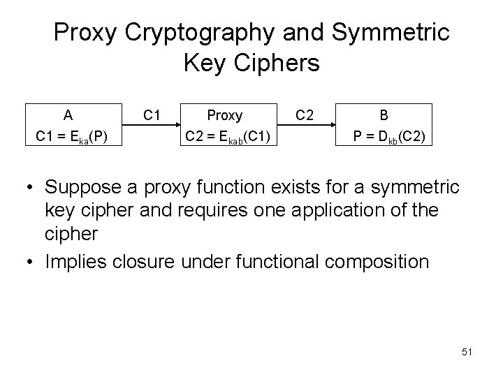 Proxy Cryptography and Symmetric Key Ciphers A C 1 = Eka(P) C 1 Proxy