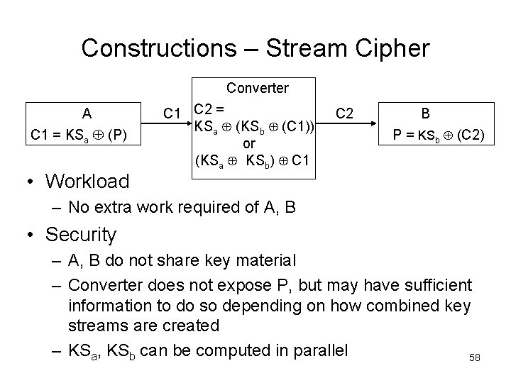 Constructions – Stream Cipher Converter A C 1 = KSa (P) • Workload C