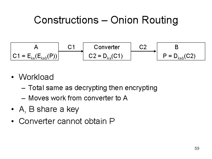 Constructions – Onion Routing A C 1 = Eka(Ekab(P)) C 1 Converter C 2