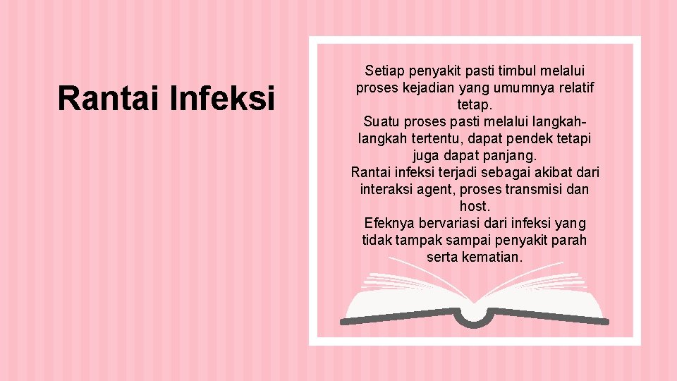 Rantai Infeksi Setiap penyakit pasti timbul melalui proses kejadian yang umumnya relatif tetap. Suatu