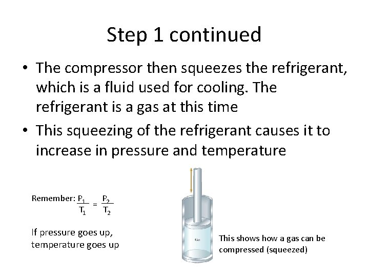 Step 1 continued • The compressor then squeezes the refrigerant, which is a fluid