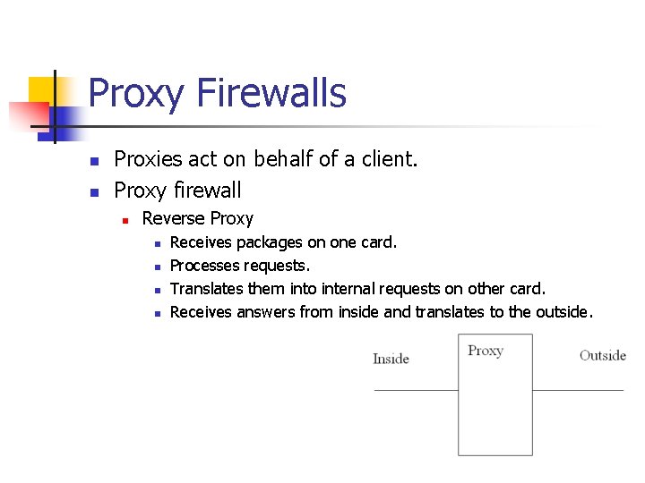Proxy Firewalls n n Proxies act on behalf of a client. Proxy firewall n