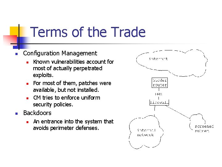 Terms of the Trade n Configuration Management n n Known vulnerabilities account for most