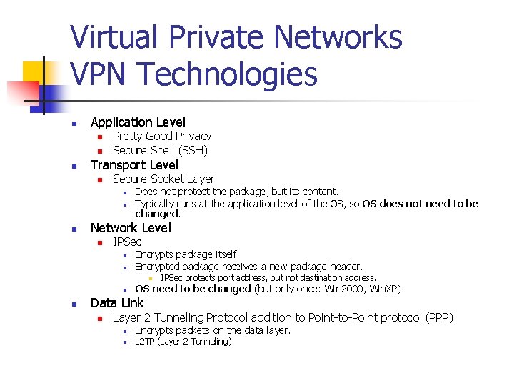 Virtual Private Networks VPN Technologies n Application Level n n n Pretty Good Privacy