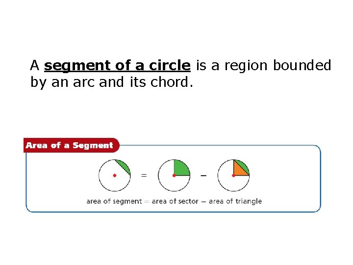 A segment of a circle is a region bounded by an arc and its A segment of a circle is a region bounded by an arc and its