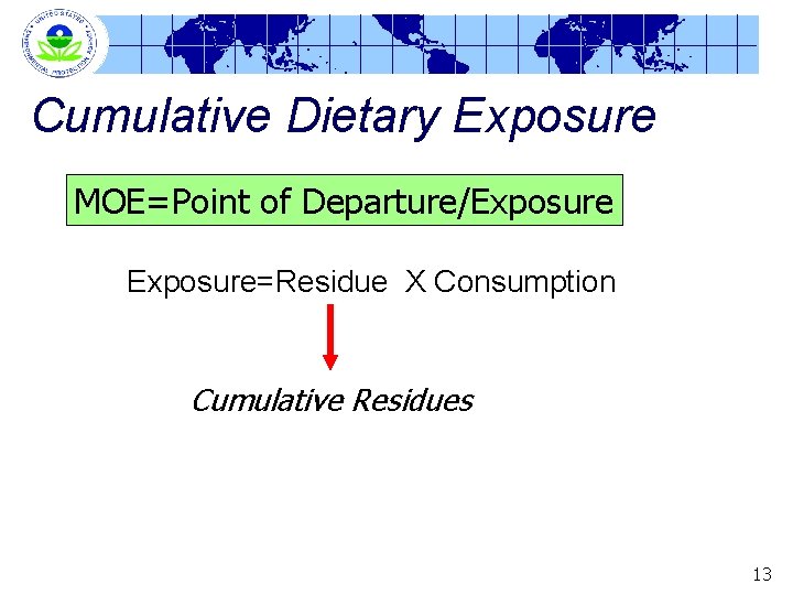 Cumulative Dietary Exposure MOE=Point of Departure/Exposure=Residue X Consumption Cumulative Residues 13 